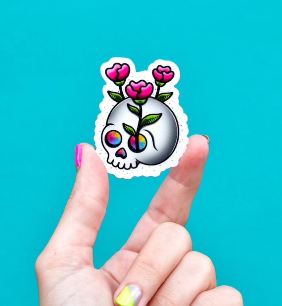 Floral Skull Sticker, Pastel Goth Vinyl Decal, Waterproof Laptop Sticker