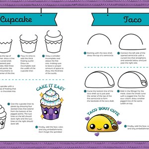 Pode incluir: Um guia de desenho passo a passo para um cupcake e uma taco. O cupcake mostra como desenhar uma forma de U, adicionar cobertura e dobras. O taco mostra como desenhar uma concha, recheios e um rosto sorridente. O texto inclui "Cake it Easy" e "Taco 'Bout Cute."
