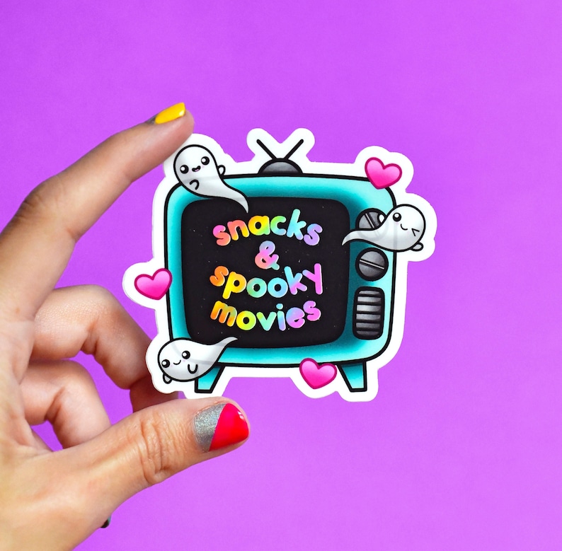 snacks and spooky movies retro tv sticker / halloween ghosts cute image 1