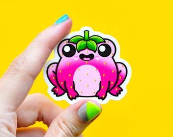 Strawberry Frog Sticker, Waterproof Vinyl Decal, Cottagecore Animal Laptop Sticker