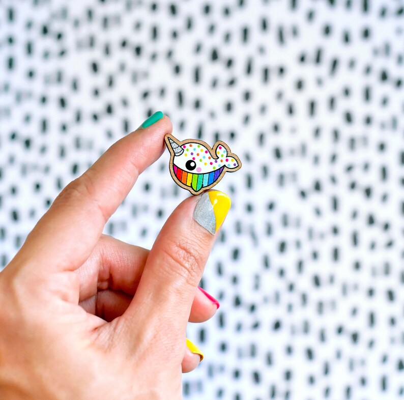 itty bitty confetti rainbow sprinkles narwhal pin or magnet image 1