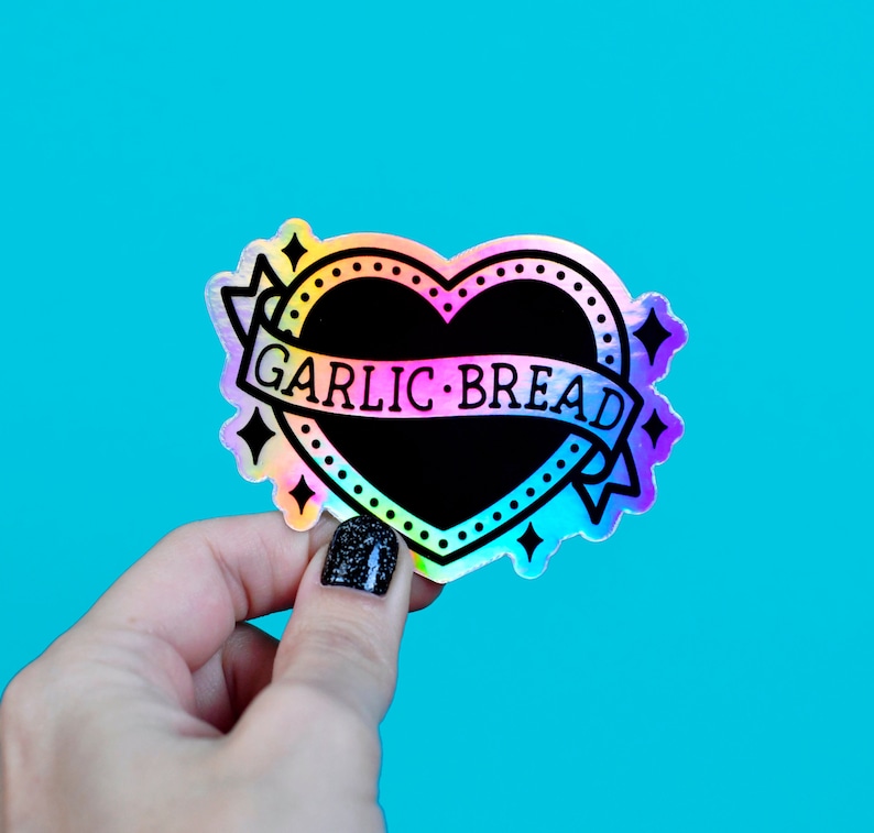 garlic bread heart / rainbow holographic vinyl sticker image 1