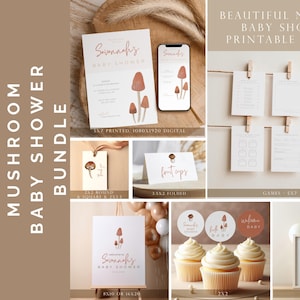 Woodland Baby Shower Bundle - Mushroom Theme – 15 Games + Signs + Invitations + Tags + Editable Canva Templates - Rustic Forest Baby Shower