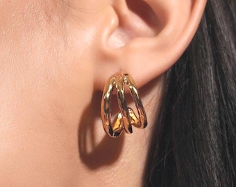 18K Gold Vermeil Triple Hoop Earrings - Chunky Huggie Style