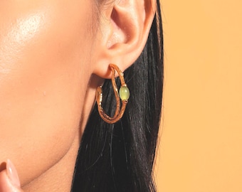 Green Aventurine in 18K Gold Vermeil Hammered Hoop Earrings · Hypoallergenic & Lightweight · Gift for Her