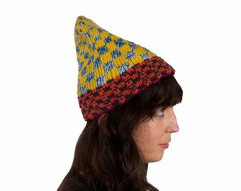 One of a Kind - Hand Knit Hat - Beanie - Wool - Checker Design - Adult Small - Kid's Medium/Large - One of a Kind - OOAK