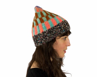 One of a Kind - Hand Knit Hat - Beanie - Wool - Checker Design - Adult Large/XL - One of a Kind - OOAK