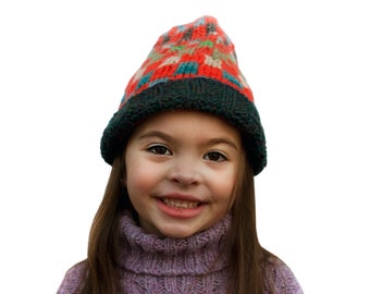 One of a Kind - Hand Knit Hat - Beanie - Wool - Checker Design - Adult Small/Medium - Kid Large - One of a Kind - OOAK