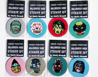 Halloween Mask Sticker Set - 8 hand painted images of Halloween Masks - 1.5" across - Halloween - witch - bat -medusa - frankenstein