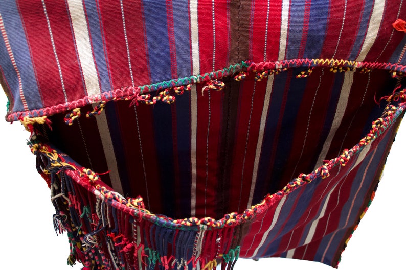 Vintage handmade camel saddle bag 100% cotton gorgeous colors striped tassels turkish nomadic camel bag, flat weave, tapestry 画像 5