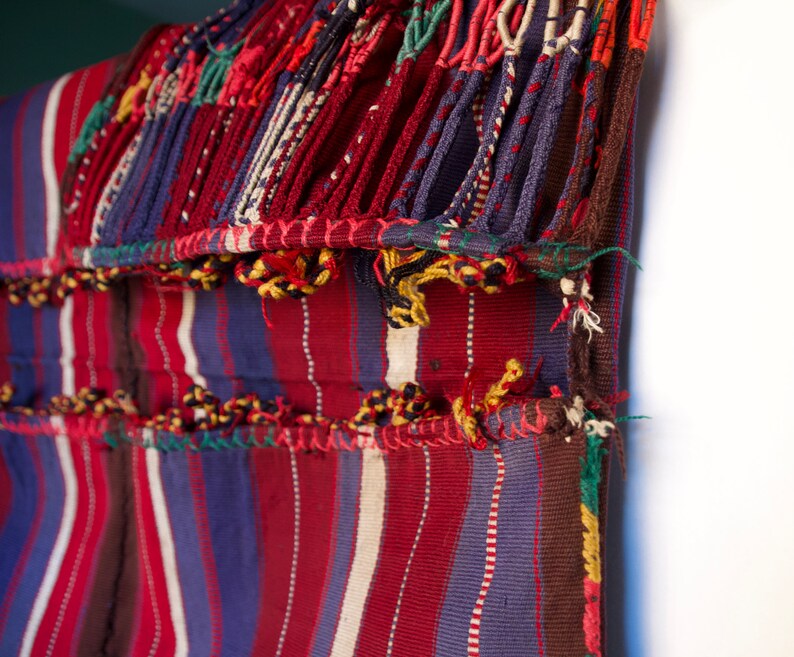 Vintage handmade camel saddle bag 100% cotton gorgeous colors striped tassels turkish nomadic camel bag, flat weave, tapestry 画像 8