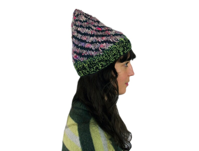 One of a Kind Hand Knit Hat Beanie Wool Wrap Around Stripes Adult Large One of a Kind OOAK image 1