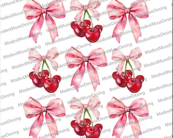 Cherry With Bow PNG, Watercolor Cherry With Bow Clipart, Pink Cherry Bow PNG, Coquette Clipart, Cherry Bow Clipart, Valentines Day Clipart