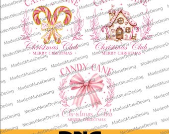 Candy Cane Christmas Club Png, Merry Christmas Png, Pink Retro Christmas Clipart Bundle, Pink Christmas Png