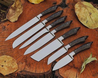 7-Piece Hand-Made J2 Steel Chef Knives Set, Custom Handle, Leather Sheath Roll Bag