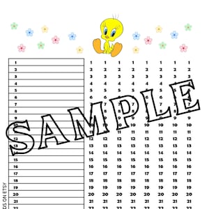 Könnte beinhalten: Ein farbenfrohes Design-Board mit dem gelben Tweety Bird und floralen Akzenten. Das Board enthält ein Raster mit den Zahlen 1-30 und dem Wort "SAMPLE" in großen, fetten Buchstaben. Der Text auf der Seite lautet "CREATIVE DESIGN BOARDS ON ETSY".