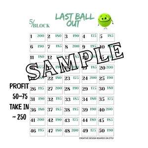 May include: A white game board with a grid of numbered boxes, featuring the text "Last Ball Out" and a smiling green ball graphic. The board includes the text "Profit 50-75" and "Take In ~250". The word "Sample" is stamped across the board.