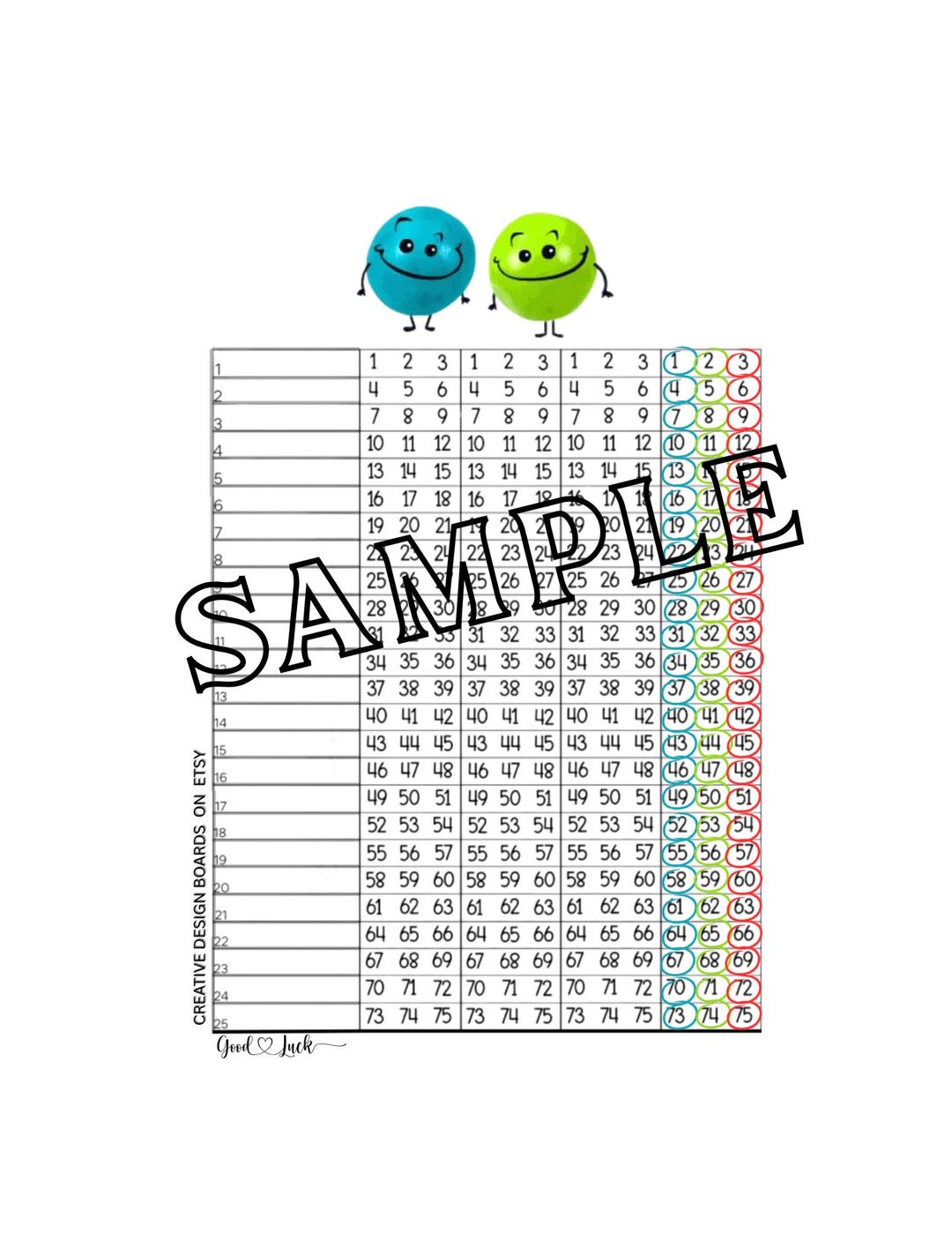 Smiley Chaser Block Chase 25 Line 4x Number Generator Board 8.5 X 11 ...