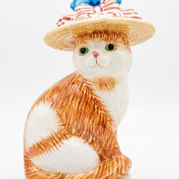 Vtg Porcelain Bank White Cat Brown Bonnet Patriotic Bow