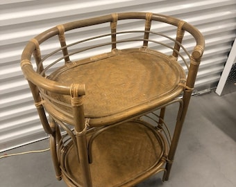 Vintage Rattan Boho Tiki Wicker Bar Cart With Wheels Two Tier Mid Century