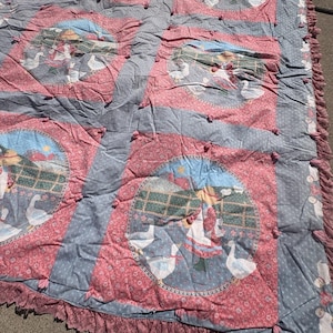 May include: A patchwork quilt featuring repeating circular panels with illustrations of geese and a person wearing a straw hat. The quilt is constructed with pink floral fabric, blue dotted fabric, and tufted knots, finished with a ruffled lace edge.