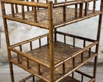 Mid-Century Wicker Bamboo Drink Cart Shelf Tea Trolley Bar Cart Boho Chic 70’s
