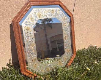 Vintage Windsor Art Mirror Color Etched Glass Wall Mirror 1980s Octagon 35”x29”