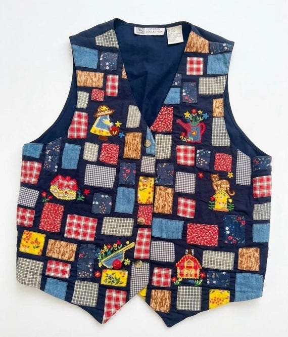 Vintage 90s Studio Collection Patchwork Cat Vest Size L Cottagecore Folk Art