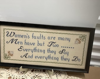VTG Framed Cross Stitch Needlepoint Women’s Faults Marriage Quote