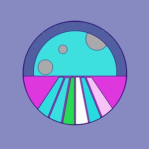 May include: A colorful, abstract digital illustration. A circle contains a light blue sky with three gray circles, and a dark blue border. Below, a pink line separates the sky from a series of colorful, angled lines in green, white, and blue.