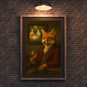 Fox Gentleman Wall Art | Brandy Drinking Victorian Animal Portrait | Printable Regal Fox Decor | Funny Vintage Animal Download