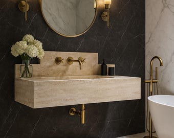 Travertine Pedestal Sink, Special Design Hand-Made Carved Marble Bathroom Sink Natural Stone