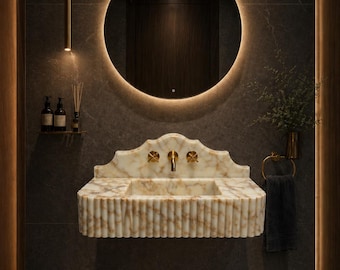 Wall Mounted Calacatta Gold Marble Sink and Backsplash - Hand Carved Vanity Basin - Custom Luxury Bathroom Washbasin