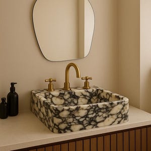 Custom Size Calacatta Viola Marble Sink, Natural Marble Stone Sink With Straight Cut Processing, Handcarved Wash Basin, Farmhouse Sink