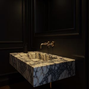 May include: A modern bathroom sink made of marble with gray veining. The sink is rectangular and mounted on a dark wall. A gold faucet and a black soap dispenser are mounted above the sink. A mirror is above the sink.