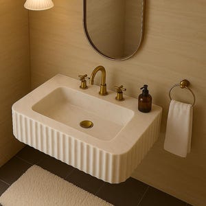 May include: A modern bathroom scene featuring a white, fluted-front sink with gold fixtures. A matching oval mirror hangs above the sink. A small, fluffy rug sits on the floor. A pendant light and a towel ring complete the elegant design.