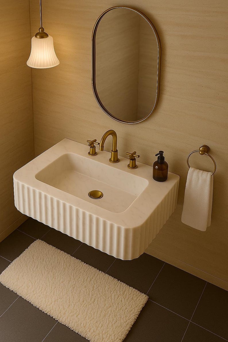 May include: A modern bathroom scene featuring a white, fluted-front sink with gold fixtures. A matching oval mirror hangs above the sink. A small, fluffy rug sits on the floor. A pendant light and a towel ring complete the elegant design.