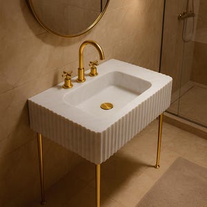 May include: A white marble vanity with a fluted design and gold-colored fixtures. The sink has a rectangular basin and is supported by four gold legs. A gold faucet and matching knobs are installed.