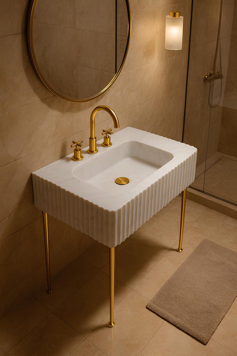 May include: A white marble vanity with a fluted design and gold-colored fixtures. The sink has a rectangular basin and is supported by four gold legs. A gold faucet and matching knobs are installed.