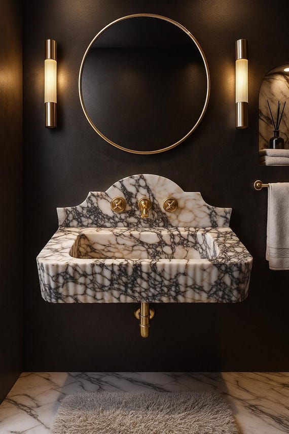 Calacatta Viola Marble Sink and Backsplash, Unique Marble Basin, Custom Size Hand Carved Viola Marble Sink, Bathroom Vanity