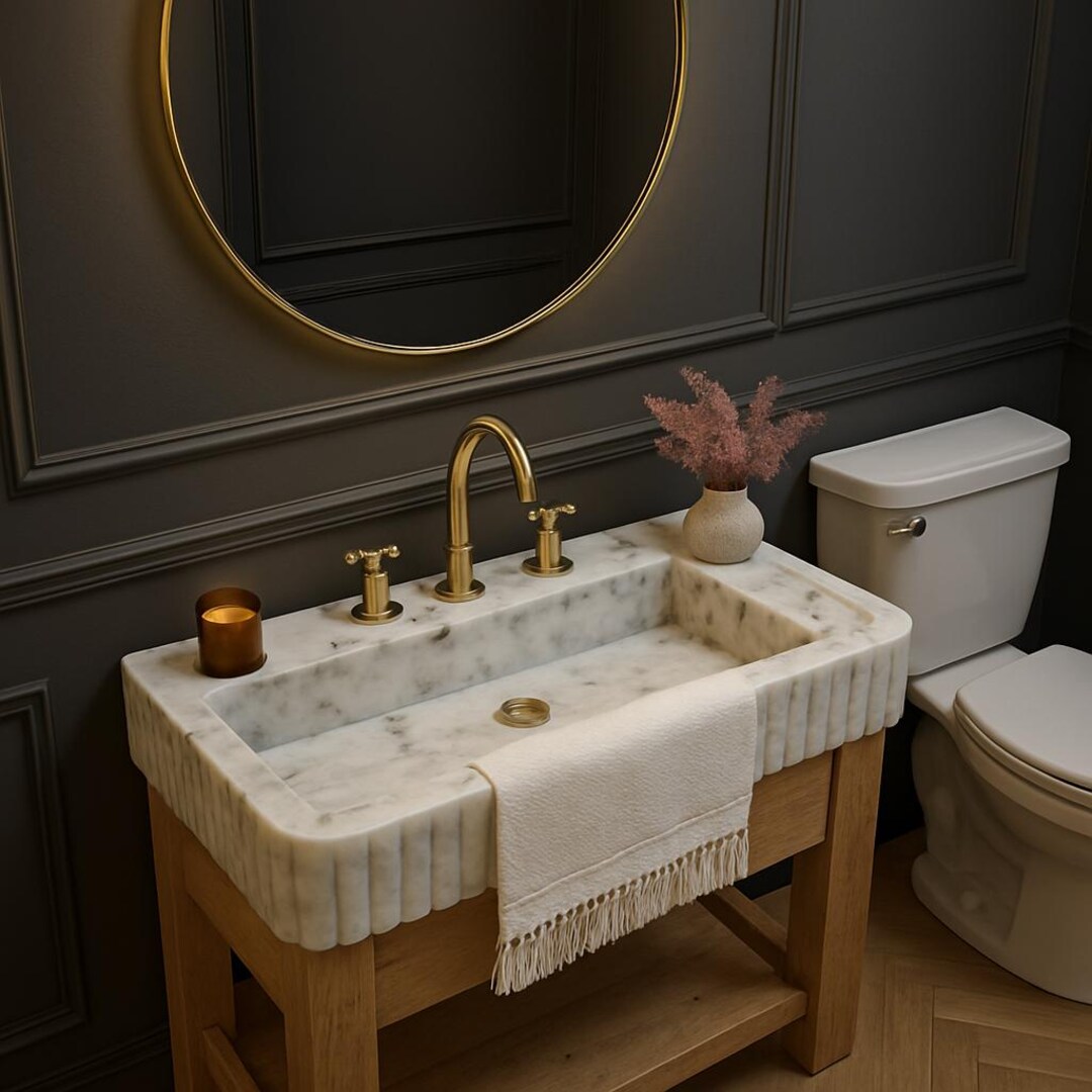 Carrara Lilac Marble Sink, Ribbed Three Sides Luxury White Bathroom ...