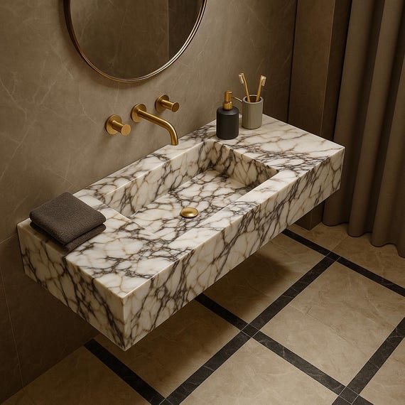Luxury Large Calacatta Viola Sink, Customizable On Your Bath Dimensions, First Class Italian Marble Sink, Wall Mounted Sink