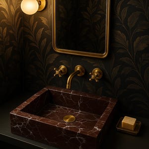 Op de afbeelding: Een donkerbruine marmeren wastafel met een gouden kraan en twee gouden knoppen. De wastafel is geplaatst tegen een zwarte muur met goudkleurig behang.