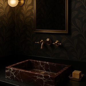 Op de afbeelding: Een donkerbruine marmeren badkamer wastafel met een gouden kraan en een zeepbakje. De wastafel is geplaatst tegen een donkere achtergrond met goudkleurig behang.