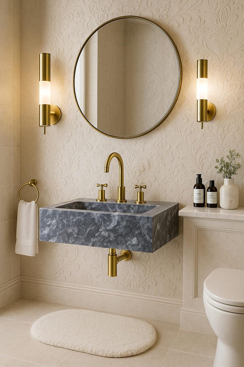 May include: A contemporary bathroom with a grey marble sink and gold taps, a circular mirror, and wall lights. A white towel hangs on a gold ring. The walls have a floral design, and a white oval rug is on the floor.