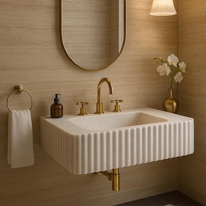 May include: A modern bathroom sink with a fluted white marble basin and gold fixtures. The oval mirror and pendant light complement the design. A white towel hangs on a gold ring, and a small vase holds white flowers.
