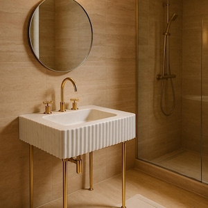 May include: A modern bathroom scene featuring a white, fluted-edge sink with gold-toned fixtures and legs. A round mirror hangs above the sink, and a shower with a glass door is visible in the background. The walls and floor are tiled in a neutral color.