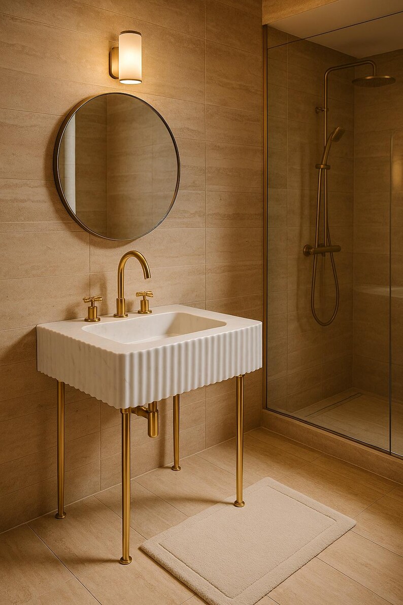 May include: A modern bathroom scene featuring a white, fluted-edge sink with gold-toned fixtures and legs. A round mirror hangs above the sink, and a shower with a glass door is visible in the background. The walls and floor are tiled in a neutral color.