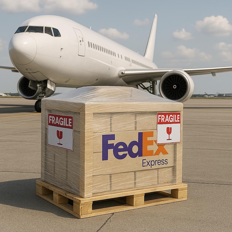 May include: A wooden crate on a pallet, wrapped in clear plastic, with the FedEx Express logo in purple and orange. The crate has "FRAGILE" labels and is in front of a white airplane.