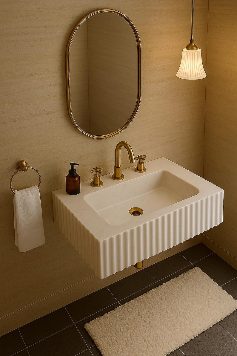 May include: A modern bathroom sink with a gold faucet and fixtures. The white sink has a ribbed design and is mounted on the wall. A gold-framed oval mirror hangs above the sink, and a white towel hangs on a gold towel ring.